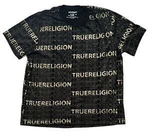 True Religion Black & Gold Allover Monogram Tee Men's 2XL